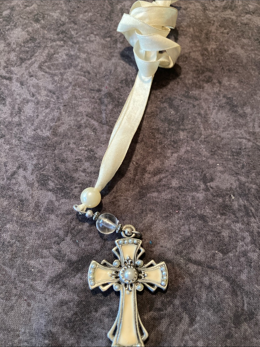 Cream Enamel Cross Pendant Ribbon Necklace